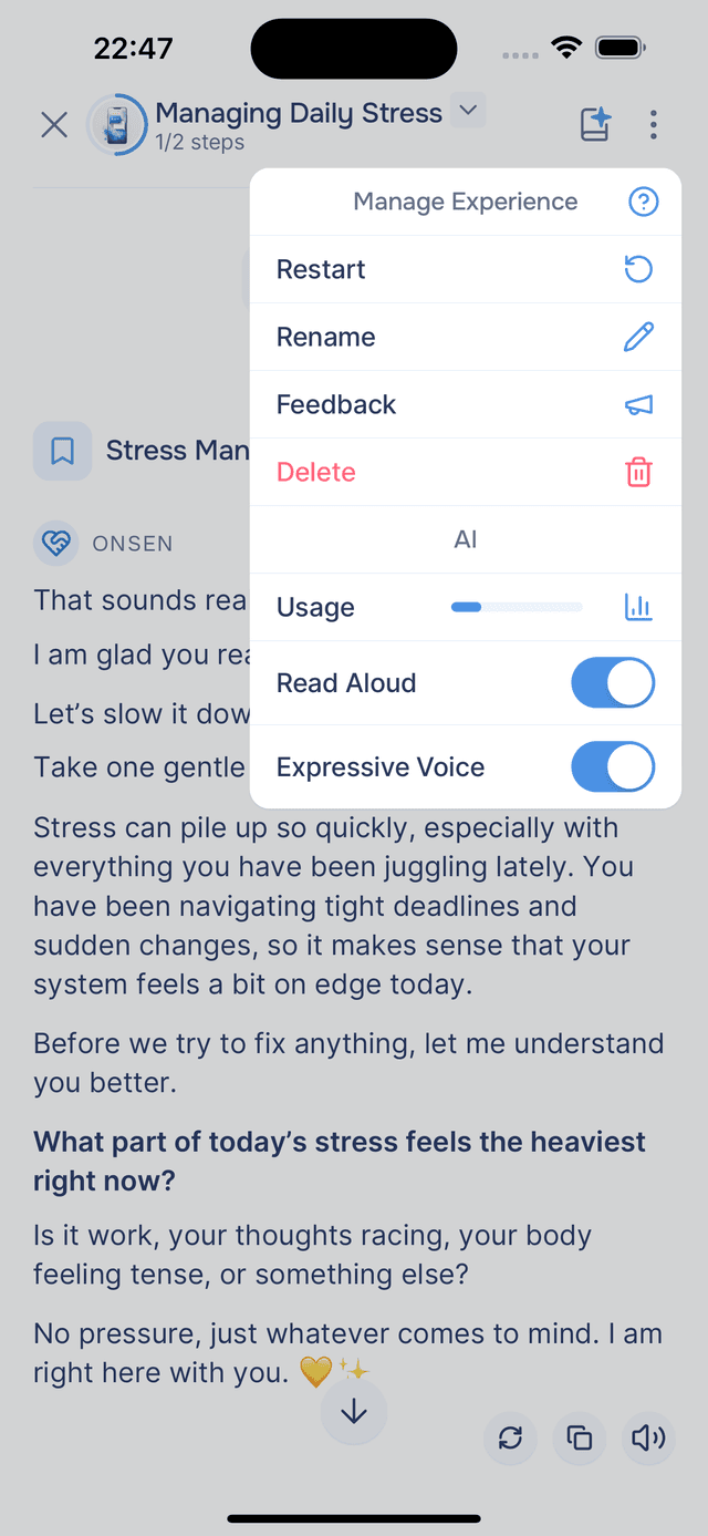 The Manage Experience menu