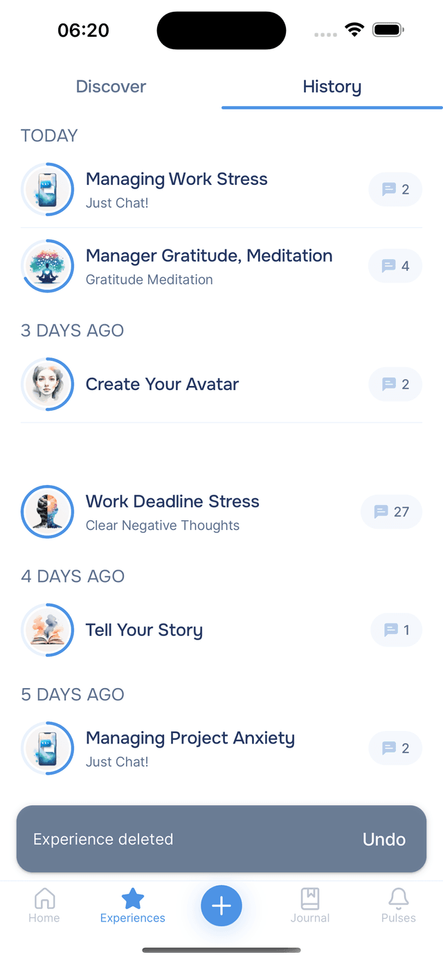 Undo notification after deleting an experience