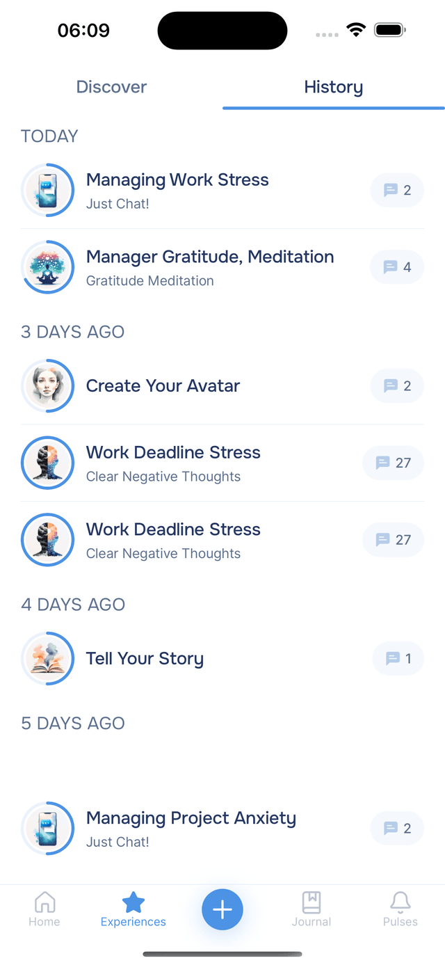 History tab showing past and recent experiences
