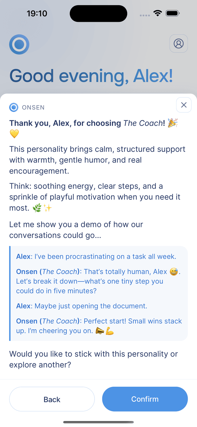 The confirmation screen showing a demo conversation with The Coach personality and Back/Confirm buttons