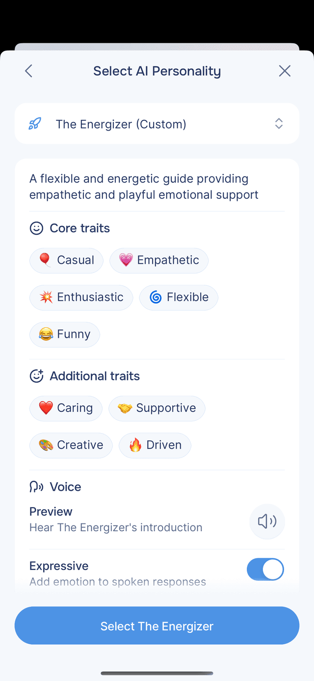 The Settings screen showing your custom personality with its traits, voice, and a Select button