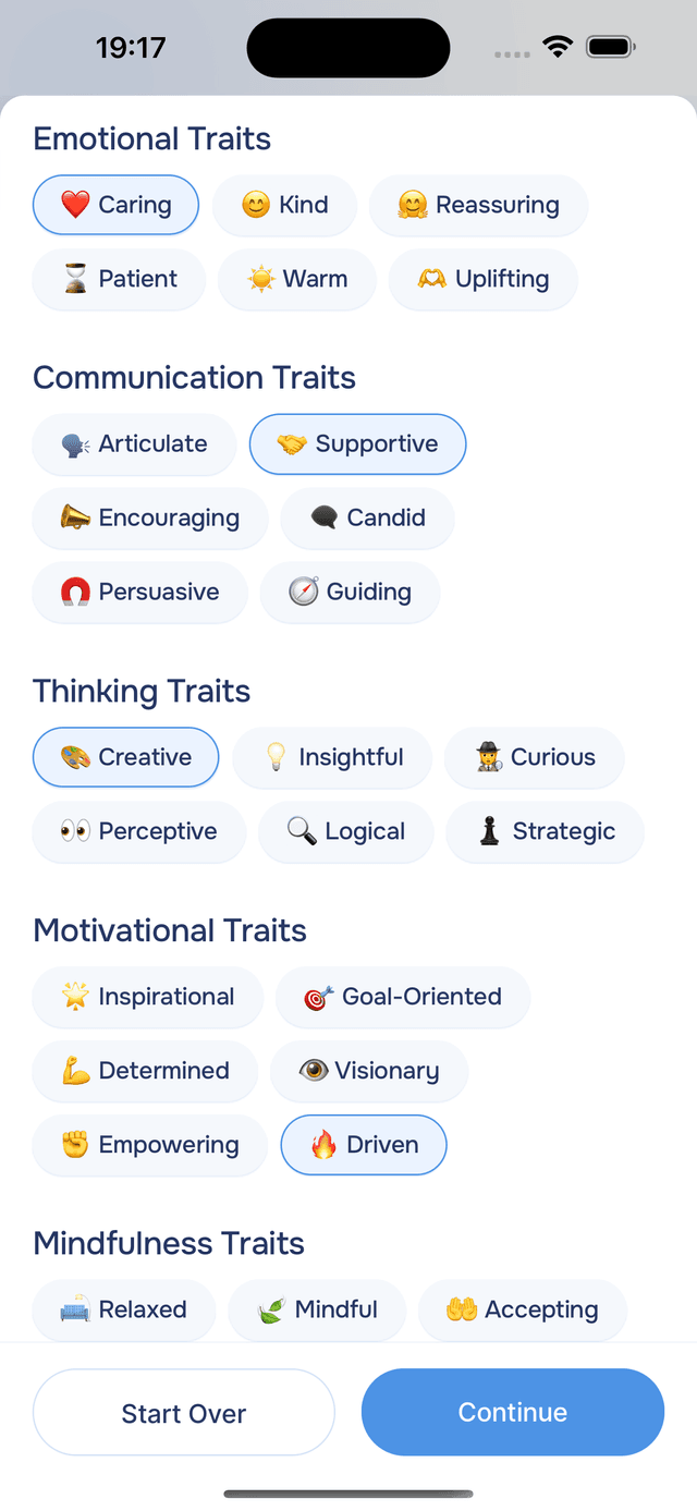 Browse six categories and select up to five traits