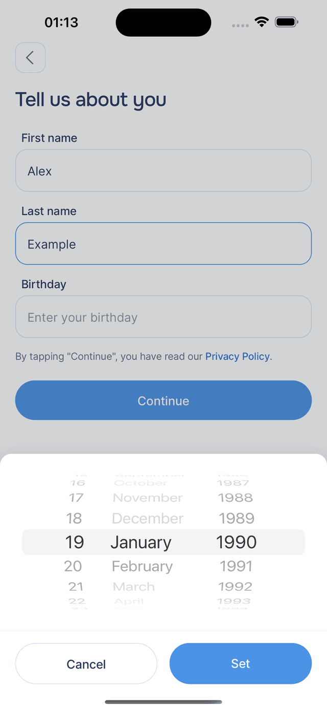 The 'Tell us about you' screen where you enter your name and birthday.