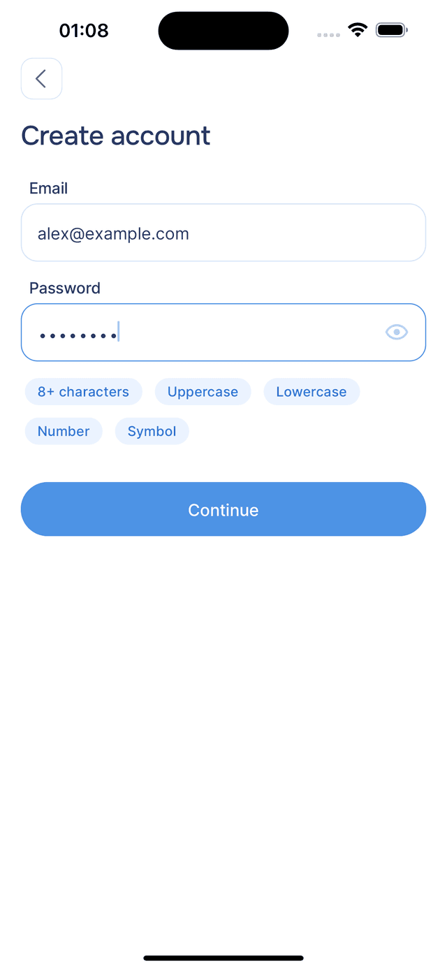 The Create account screen with email and password fields and a password strength indicator.