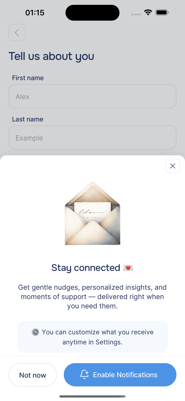 The push notification permission screen asking you to enable reminders and updates.