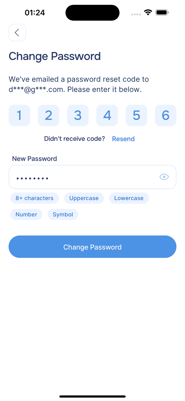 Enter the code and new password