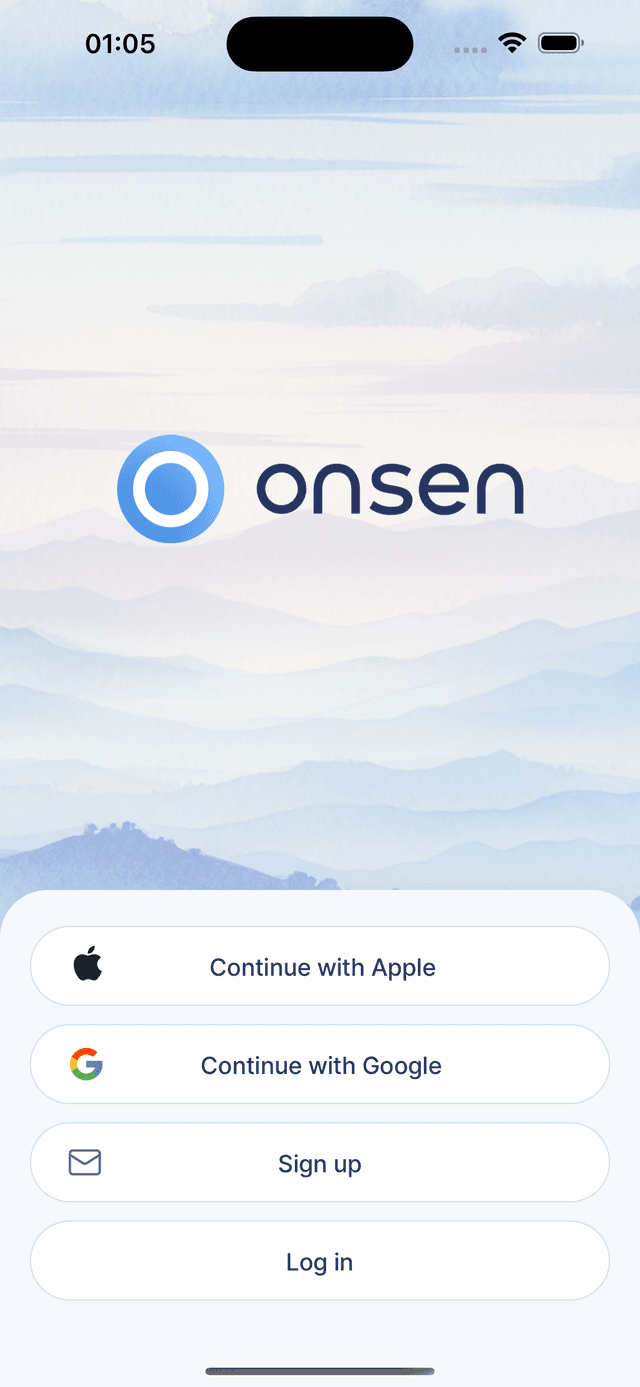 The welcome screen showing Continue with Apple, Continue with Google, Sign up, and Log in buttons.