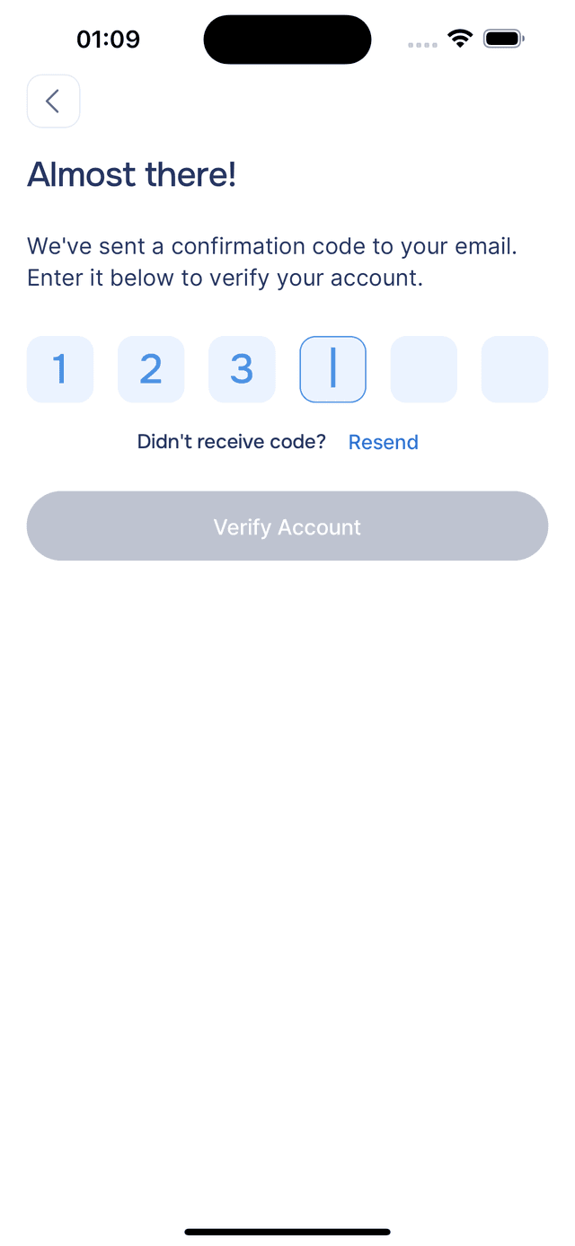 The verification screen where you enter the 6-digit code sent to your email.