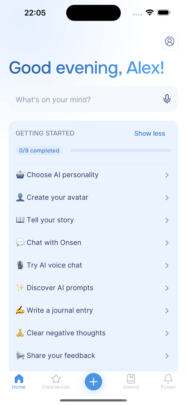 The 'Getting started' checklist with a progress bar and nine steps on the home screen.