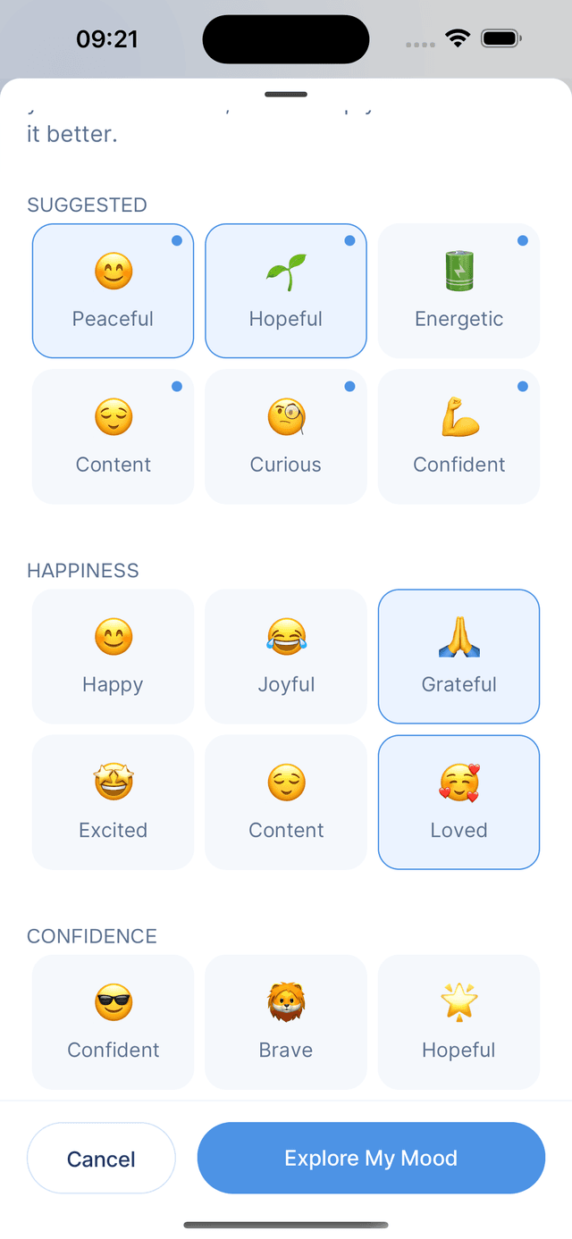 Scrolling through mood categories