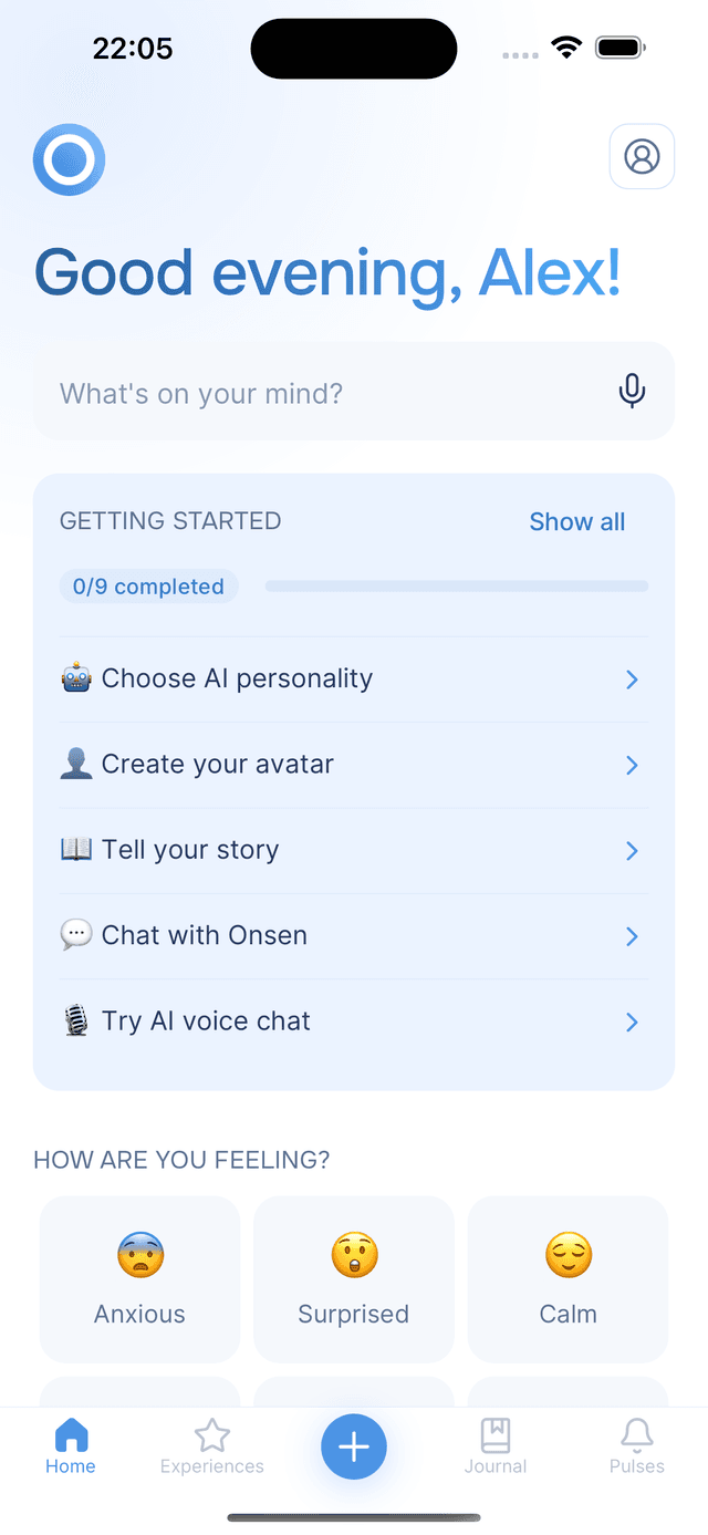 Top: greeting, quick input, and Getting Started checklist