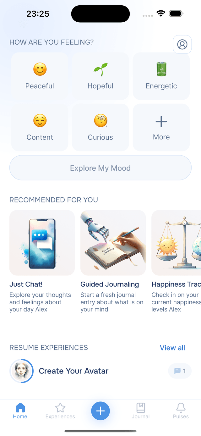 Bottom: mood check-in, recommendations, and resume experiences