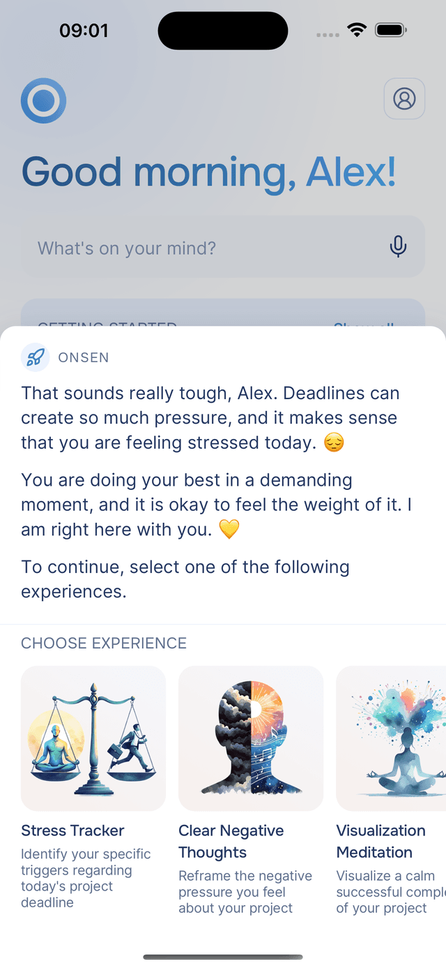 Onsen responds with a message and suggests relevant experiences