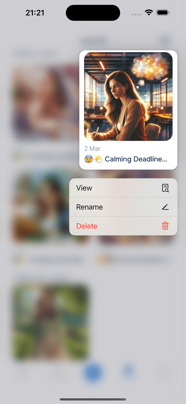 Long-press menu on an entry card