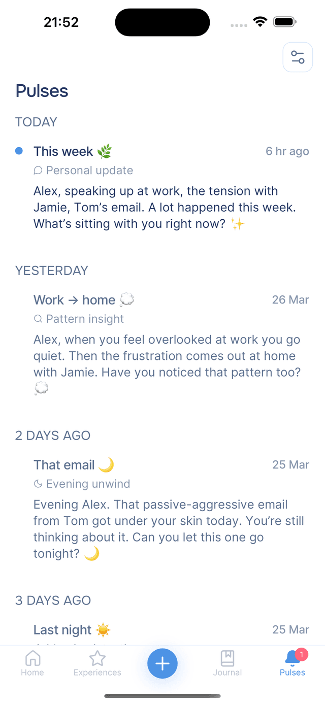 The Pulses feed with recent notifications