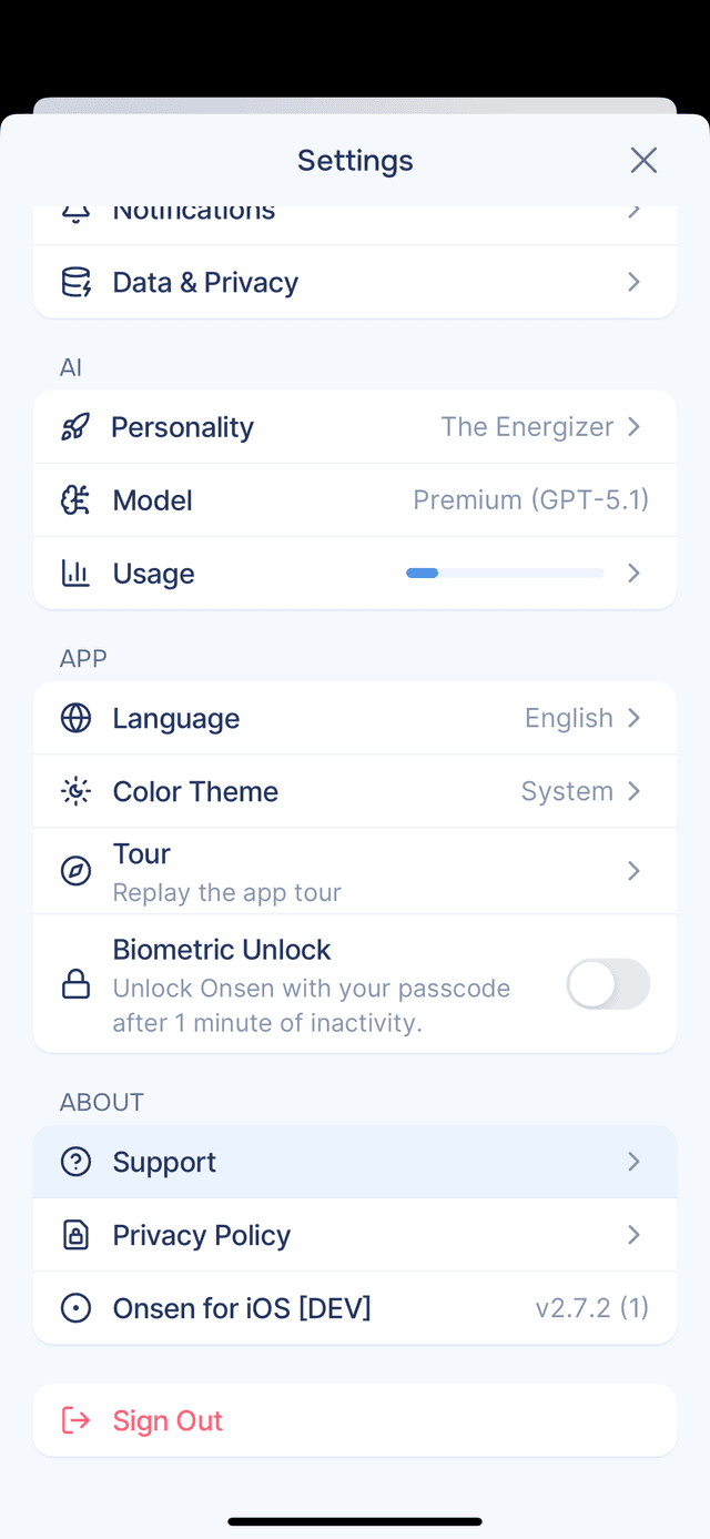 About section and Sign Out