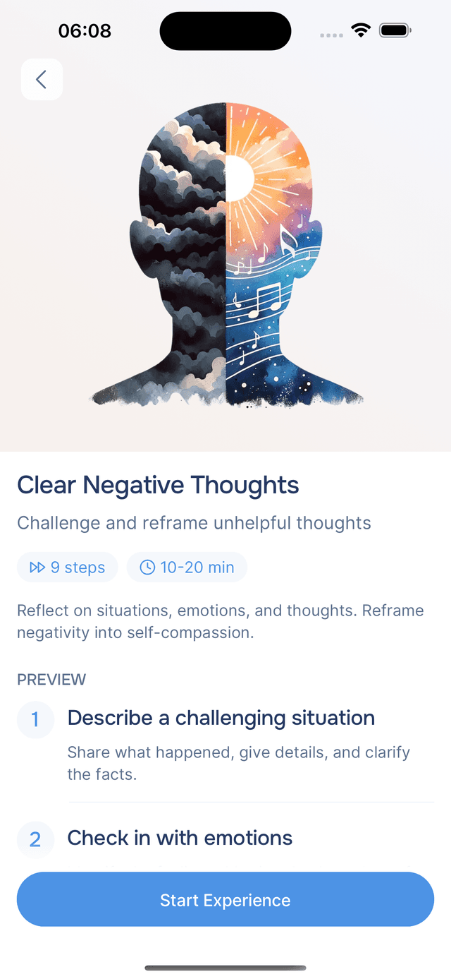 Experience detail with step preview and Start button
