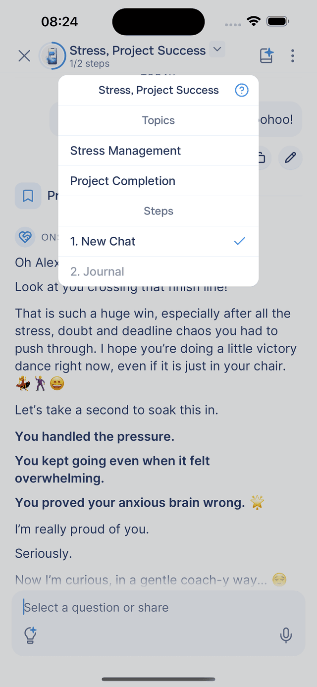 Navigation grouped by topic and step