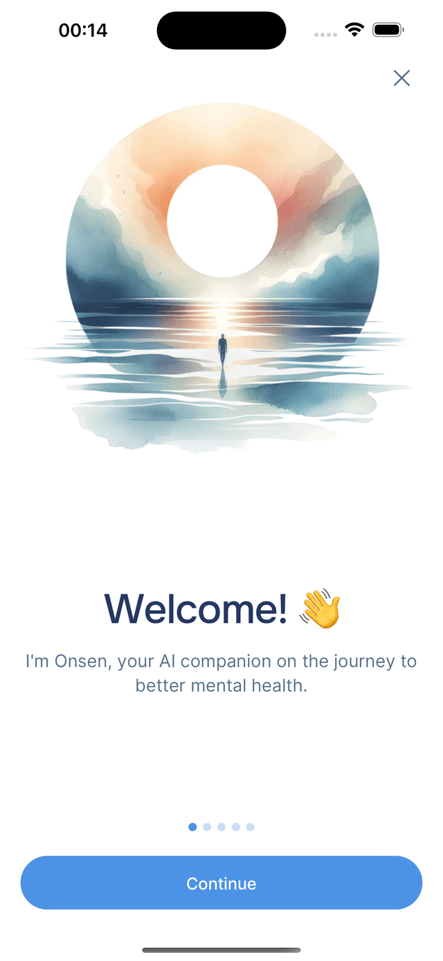 The Onsen welcome screen — your AI companion on the journey to better mental health.