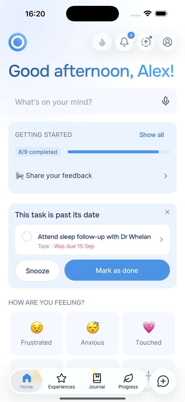 A task on Home whose date has passed, with Snooze and Mark as done