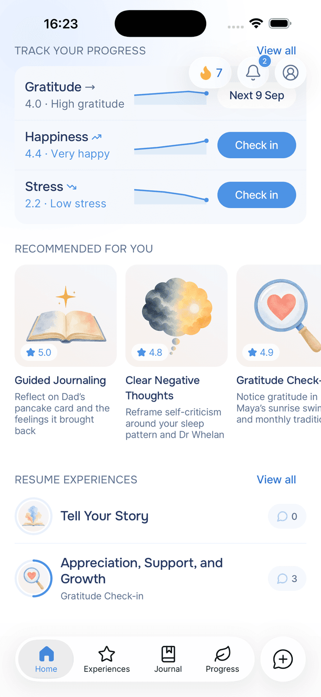 Bottom: track your progress and resume experiences