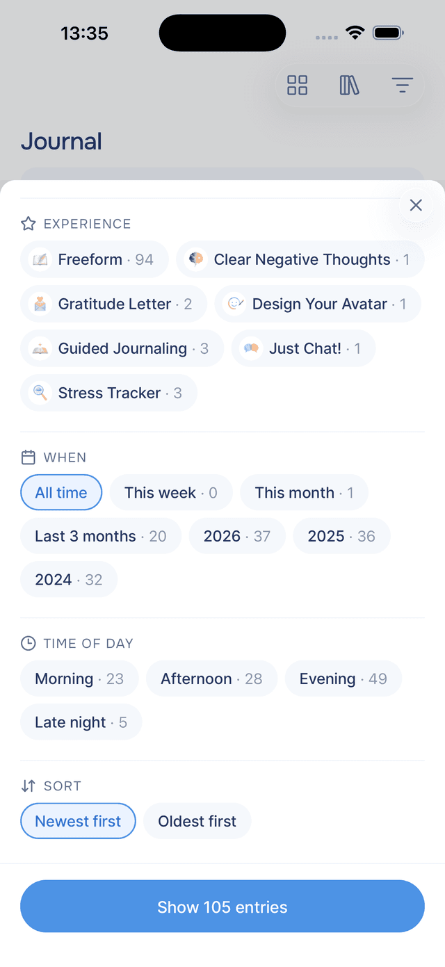 Experience, When, Time of day, and Sort