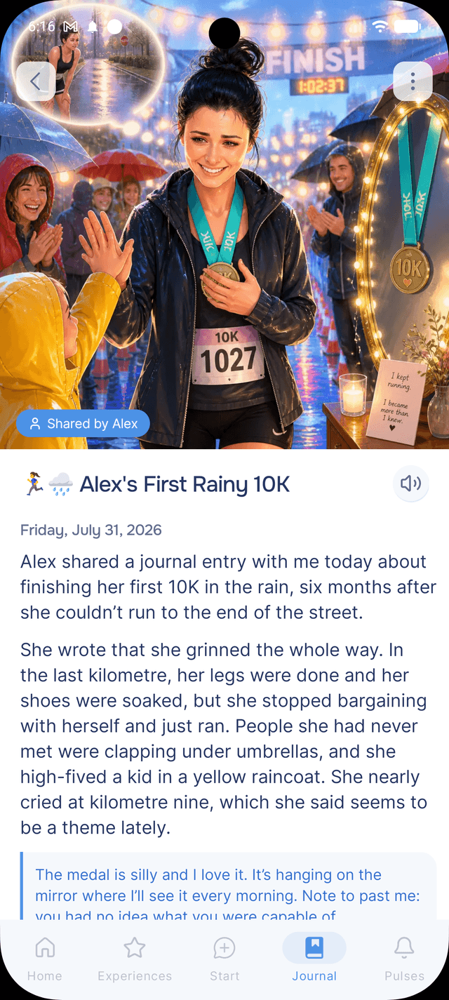 An added entry in the recipient's journal, carrying a Shared by pill with the sharer's name