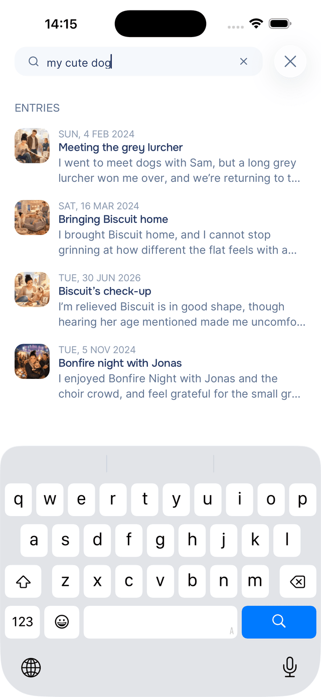 "my cute dog" brings up the Biscuit entries