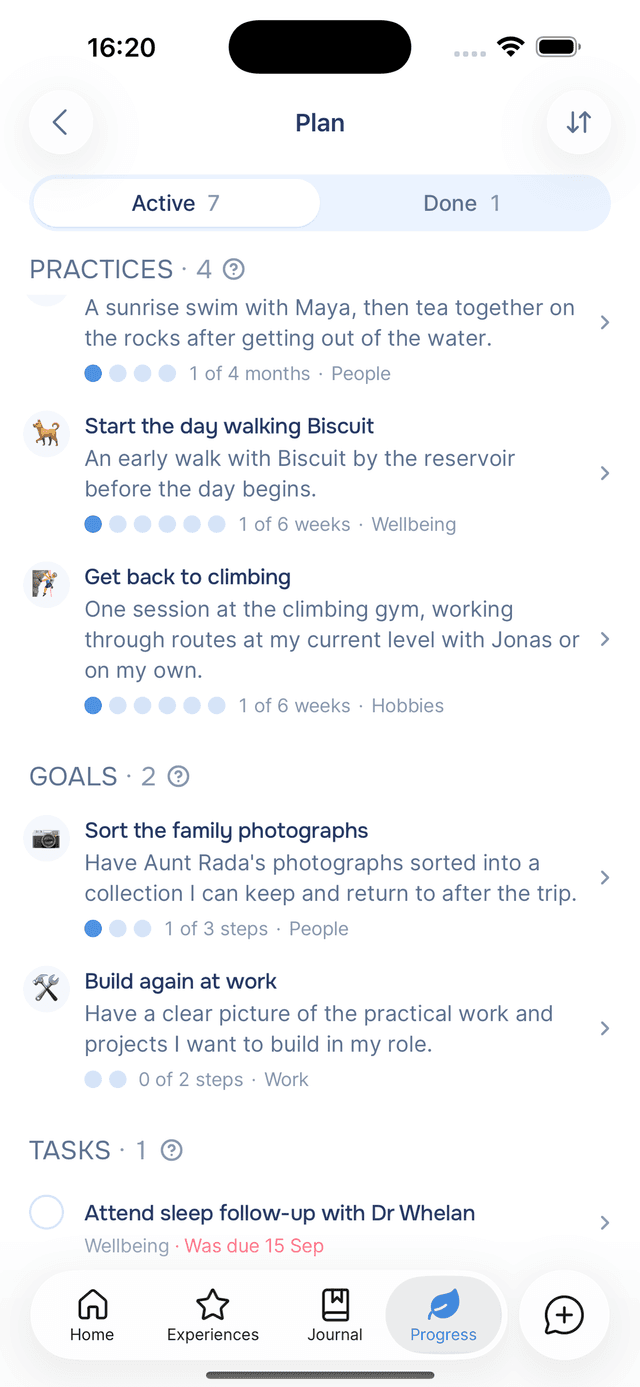 Active items, grouped by type