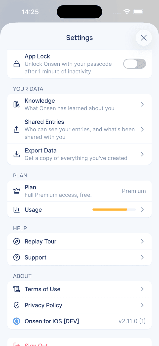 The Your Data section in Settings