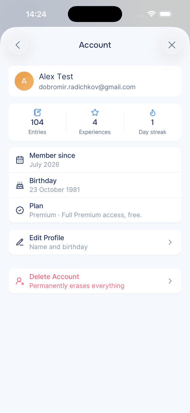 The Account screen