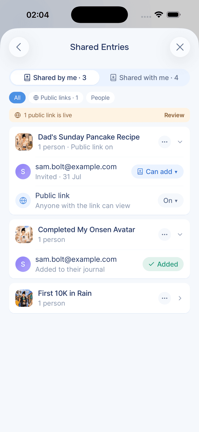 Everything you've shared, one card per entry